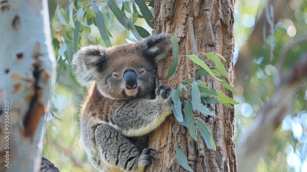 Naklejka premium Koalas cling to eucalyptus trees, sleeping most of the day and munching on leaves at night.