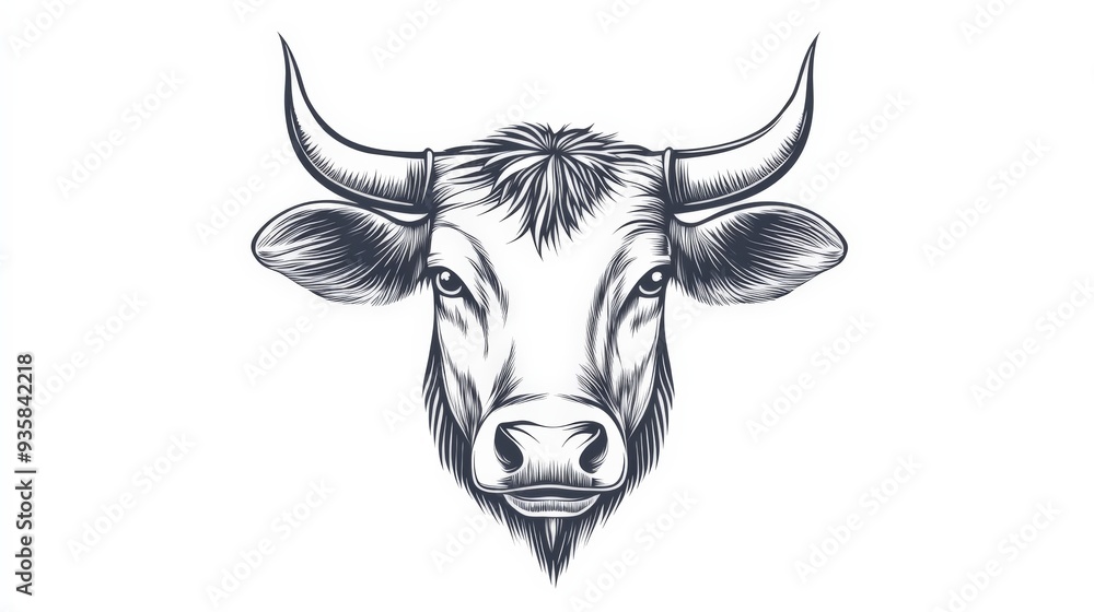 Fototapeta premium Detailed monochrome illustration of a cow's head with prominent horns, showcasing fine line artistry and realism.