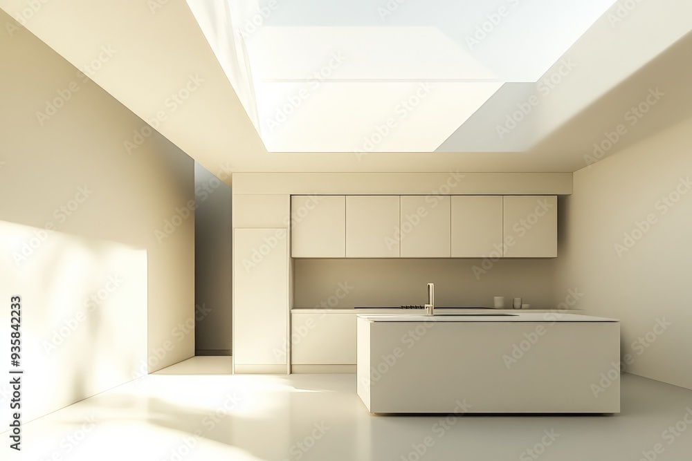 An ultra-minimalist kitchen with a clean white design, featuring extensive cabinetry, a large central island, and a skylight that fills the space with natural light. An ultra-minimalist kitchen with a clean white design, featuring extensive cabinetry, a large central island, and a skylight that fills the space with natural light.