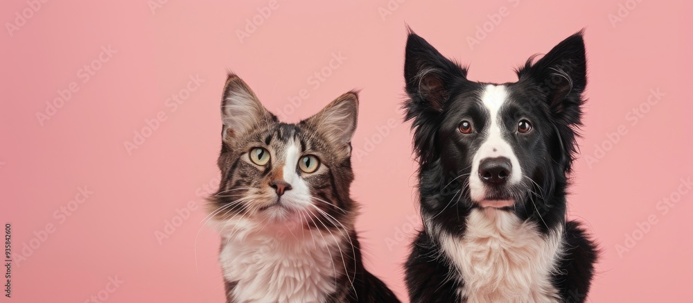 Portrait of a tabby cat and a border collie sheepdog gazing at the camera against a pastel pink background. Copy space image. Place for adding text and design Portrait of a tabby cat and a border collie sheepdog gazing at the camera against a pastel pink background. Copy space image. Place for adding text and design