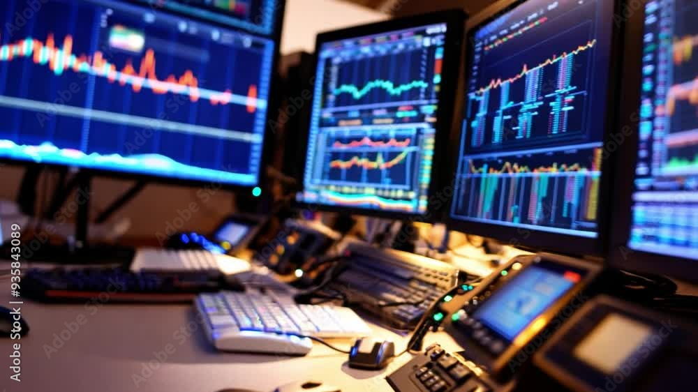 Numerous digital screens show fluctuating graphs, charts, and trading information, indicating active market analysis. Numerous digital screens show fluctuating graphs, charts, and trading information, indicating active market analysis.