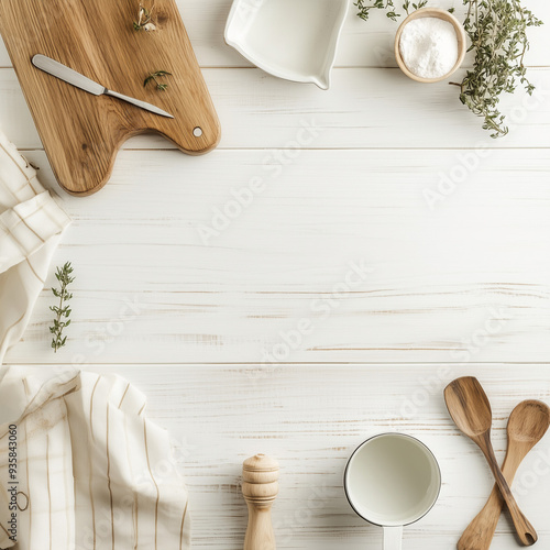 wood table top view empty in center with kitchen props around clean and modern 