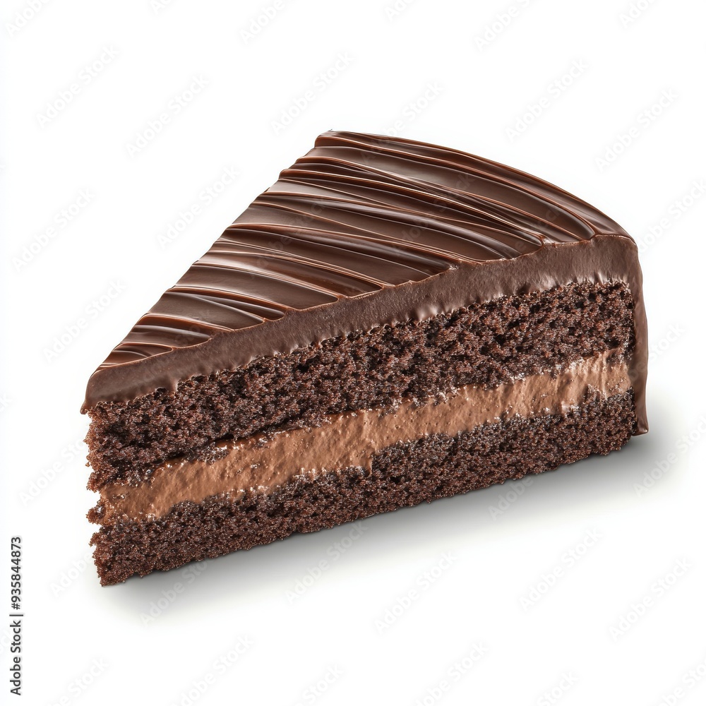 A slice of delicious chocolate fudge cake atop a beautiful white backdrop A slice of delicious chocolate fudge cake atop a beautiful white backdrop