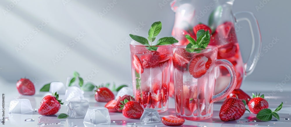 Fresh strawberry lemonade served with ice and mint in glasses and a pitcher on a white table background copy space Chilled summer beverage Sparkling glass featuring a berry cocktail Fresh strawberry lemonade served with ice and mint in glasses and a pitcher on a white table background copy space Chilled summer beverage Sparkling glass featuring a berry cocktail