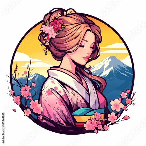 A Woman in a Pink Kimono with a Mountainous Background photo