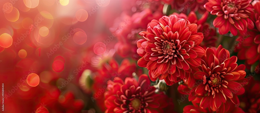 Red Chrysanthemums bouquet in flower shop as backdrop. Copy space image. Place for adding text and design Red Chrysanthemums bouquet in flower shop as backdrop. Copy space image. Place for adding text and design