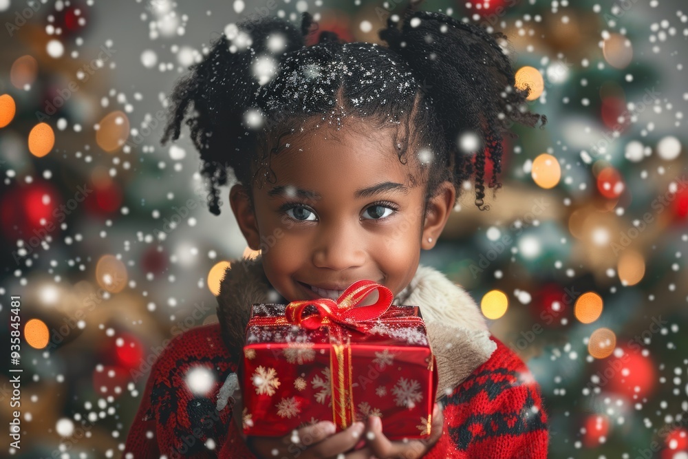 Adorable Black skin girl with a Christmas gift, holiday spirit, joyful festive mood... Adorable Black skin girl with a Christmas gift, holiday spirit, joyful festive mood...