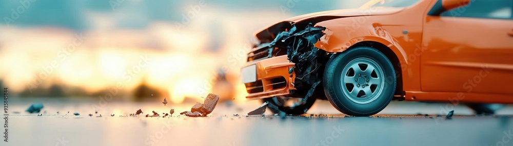 A close-up shot of a damaged orange car after an accident, highlighting the impact and scattered debris on the road. A close-up shot of a damaged orange car after an accident, highlighting the impact and scattered debris on the road.