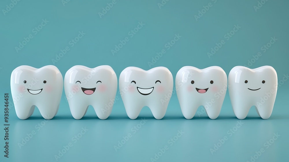 Teeth models standing in a row making a smile on a blue background ...