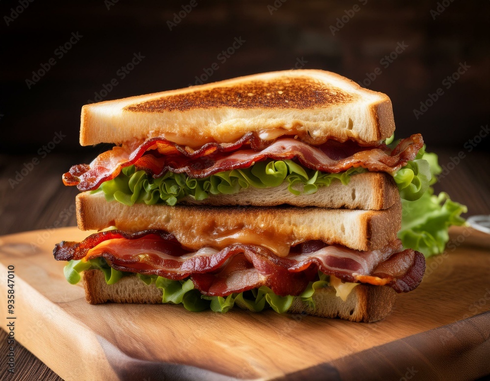 Toasted sandwich is sitting on a wooden cutting board, filled with crispy bacon, freshly made Toasted sandwich is sitting on a wooden cutting board, filled with crispy bacon, freshly made