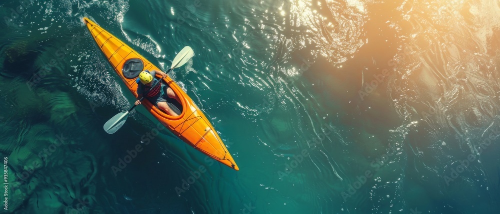 Fototapeta premium A kayaker in a yellow kayak paddles in a river. Sunlight shines on the water, rocks are visible around. The person appears actively steering the kayak.