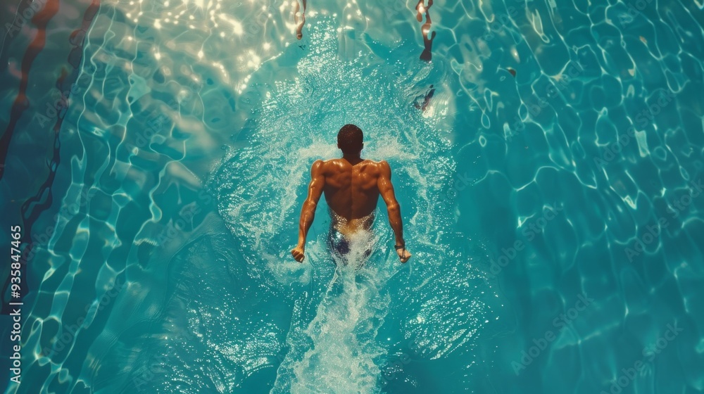 Fototapeta premium Man in pool appears to be swimming, arms outstretched. Seen from back, floating in clear, sunlit water reflecting light, vibrant atmosphere conveys potential for dynamic movement.