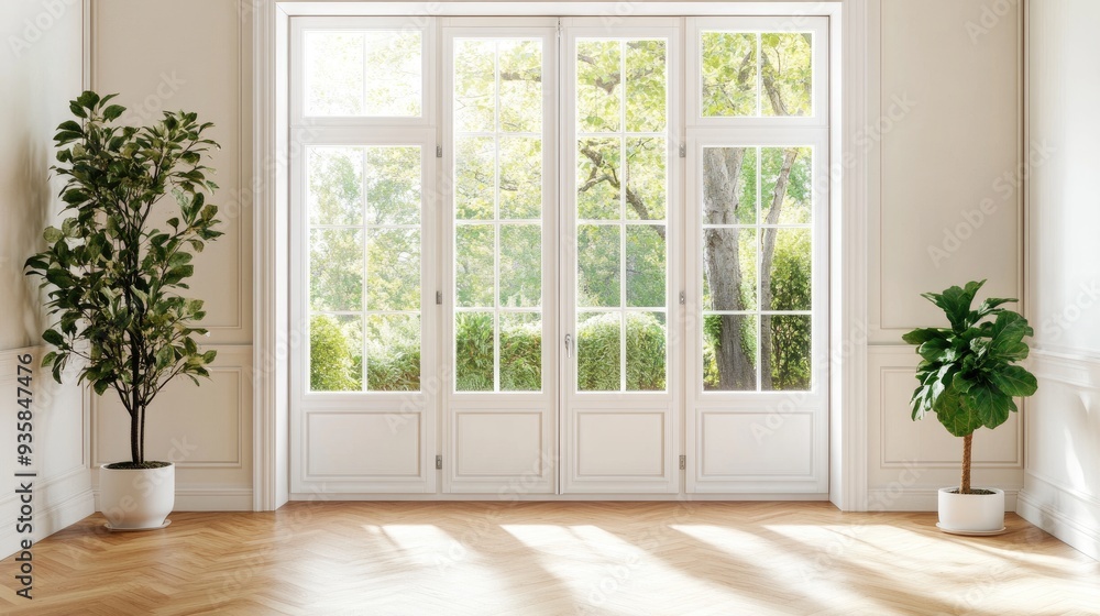 Fototapeta premium This room showcases a modern minimalist design with light gray walls and a wooden floor, featuring panoramic windows that invite abundant natural light