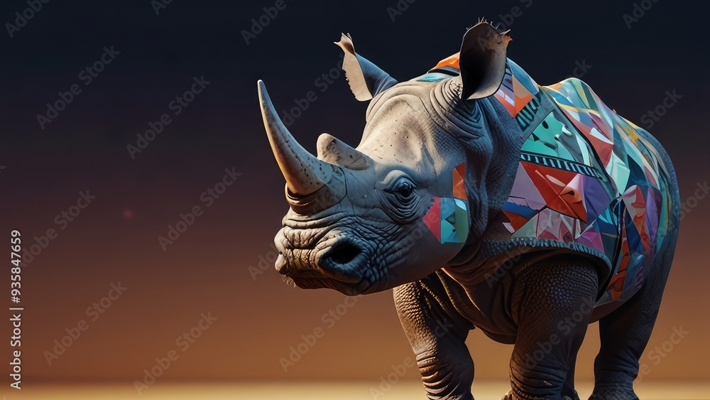Cool looking rhino wearing funky fashion dress - jacket, tie, glasses. Wide banner with space for text at side. Stylish animal posing as supermodel. Generative AI