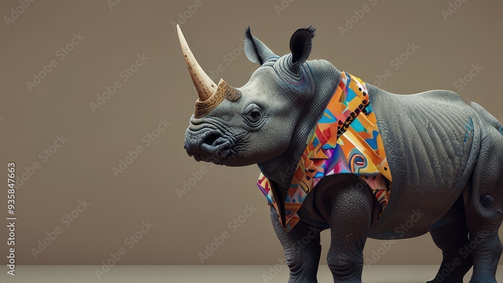 Cool looking rhino wearing funky fashion dress - jacket, tie, glasses. Wide banner with space for text at side. Stylish animal posing as supermodel. Generative AI