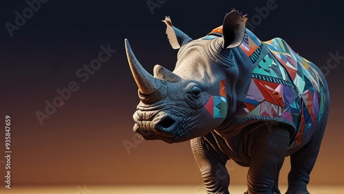 Obraz na płótnie Cool looking rhino wearing funky fashion dress - jacket, tie, glasses. Wide banner with space for text at side. Stylish animal posing as supermodel. Generative AI w salonie