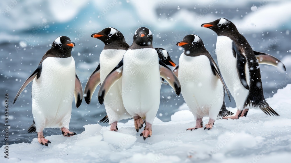 Obraz premium Penguins waddle on ice and swim gracefully, surviving in harsh Antarctic conditions.