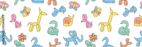Seamless pattern of colorful balloons. Colorful drawing of inflatable toys made of twisted balloons. Design element for packaging, greeting card, invitation card, print, flyer, banner. Vector. 