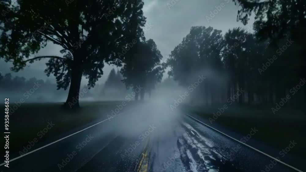 Ominous Foggy Road on a Gloomy Rainy Autumn Evening, Mysterious and Haunting, Leading into the Unknown Against a Dark Atmospheric Background Ominous Foggy Road on a Gloomy Rainy Autumn Evening, Mysterious and Haunting, Leading into the Unknown Against a Dark Atmospheric Background