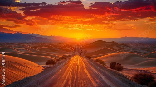 Wallpaper Mural Photograph a deserted road in the desert, with sand dunes and a blazing sunset, highlighting the beauty and solitude of the landscape. Torontodigital.ca