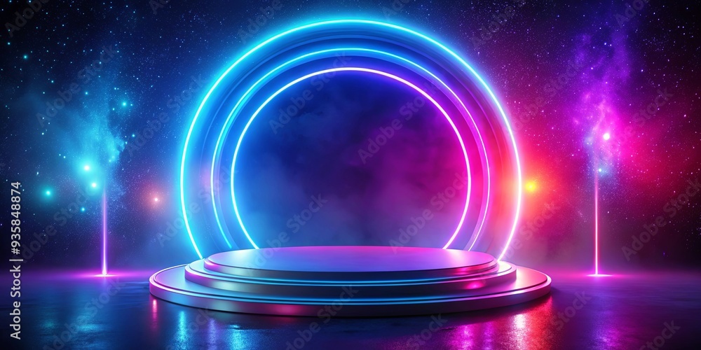 A neon glowing podium set against an abstract cosmic background with neon lights in round formation A neon glowing podium set against an abstract cosmic background with neon lights in round formation