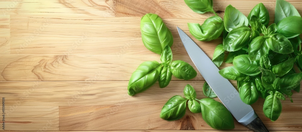Board with fresh basil and a knife on a light wooden surface. Copy space image. Place for adding text and design Board with fresh basil and a knife on a light wooden surface. Copy space image. Place for adding text and design