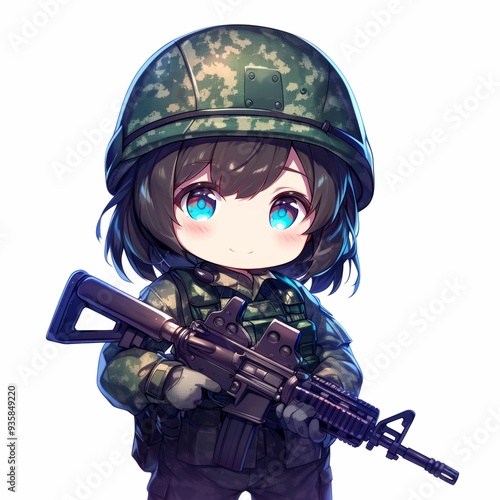 Anime girl soldier holding an assault rifle photo