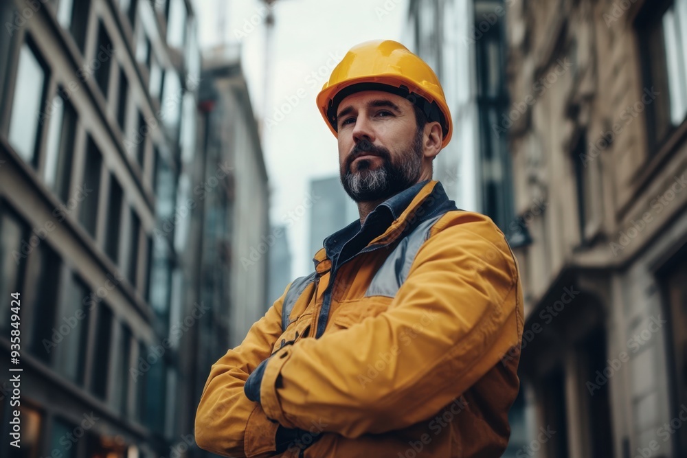 Confident Construction Worker in Urban Setting Confident Construction Worker in Urban Setting
