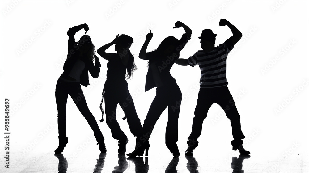 Fototapeta premium Silhouettes of dancers partying on white background 