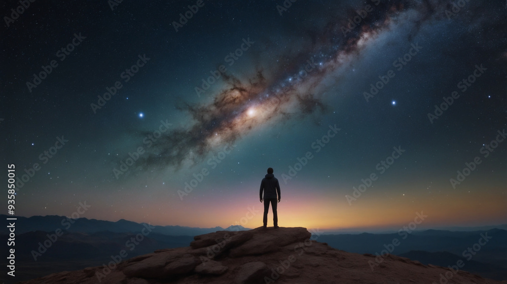 Fototapeta premium A man on the top of a mountain with galaxy on the sky