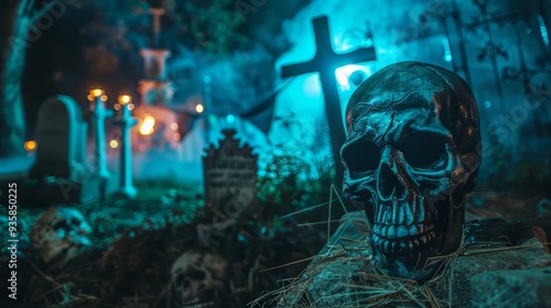 Skeleton yard with haunted ambiance and gravestones for Halloween decor