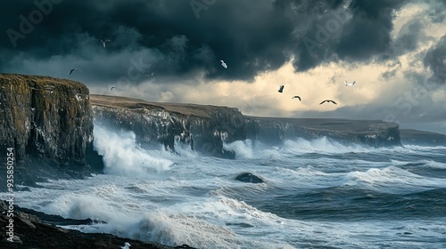 Rugged Rocky Coastline with Crashing Waves, Dark Storm Clouds Gathering, and Seagulls Flying Overhead. AI generated illustration