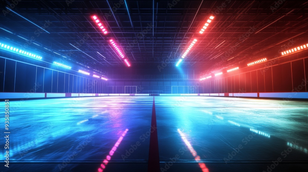 Reflective ice hockey rink with vibrant lighting Reflective ice hockey rink with vibrant lighting