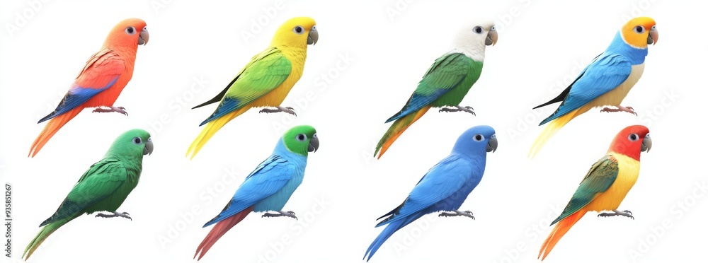 Cockatiels posing on white with vivid colors Cockatiels posing on white with vivid colors