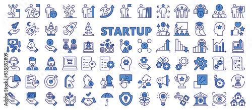 Startup icons set, in line design blue. Entrepreneurship, Innovation, Business growth, New venture, Startup culture, Tech startup on white background vector. Startup editable stroke icons.