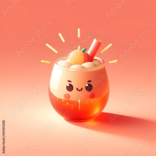 A side view of a cute peach iced tea glass with a sunburst on the iced tea glass and no steam, centered. The background should be a coral color with studio lighting and no shadows. 