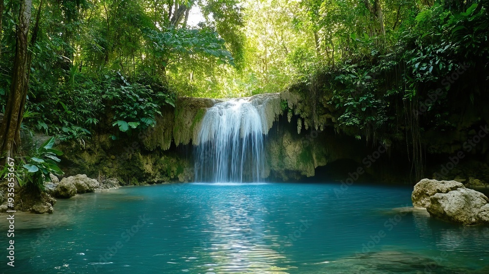 Secluded Waterfall Cascading into a Tranquil Pool Surrounded by Lush Tropical Foliage. AI generated illustration Secluded Waterfall Cascading into a Tranquil Pool Surrounded by Lush Tropical Foliage. AI generated illustration