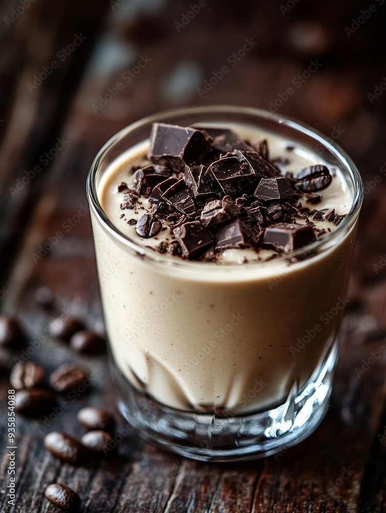 In a gleaming glass cup with aromatic coffee beans scattered throughout, a freshly brewed mocha is served In a gleaming glass cup with aromatic coffee beans scattered throughout, a freshly brewed mocha is served