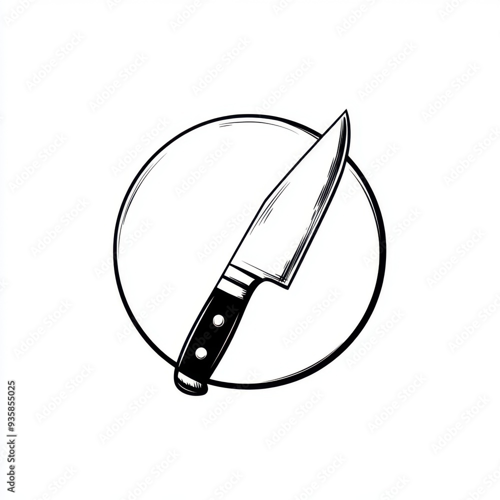 Black and white flat vector art illustration of a chef's knife in a circular stamp logo style, svg design, isolated on white background, simple vector art design Black and white flat vector art illustration of a chef's knife in a circular stamp logo style, svg design, isolated on white background, simple vector art design