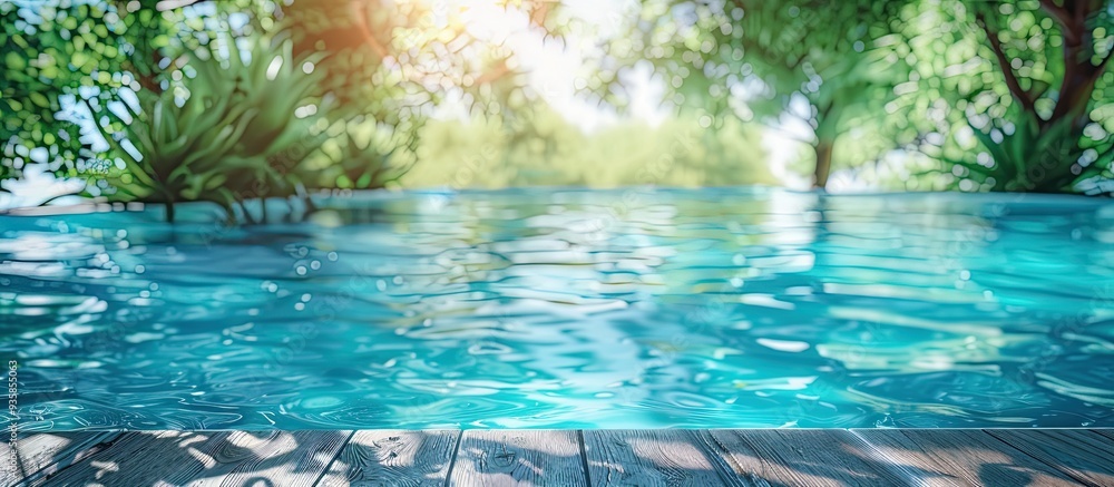Swimming pool with clear water in the background Summer holiday. Copy space image. Place for adding text and design Swimming pool with clear water in the background Summer holiday. Copy space image. Place for adding text and design