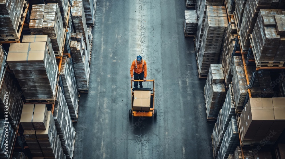 Aerial View of a Warehouse Worker Transporting a Package Aerial View of a Warehouse Worker Transporting a Package