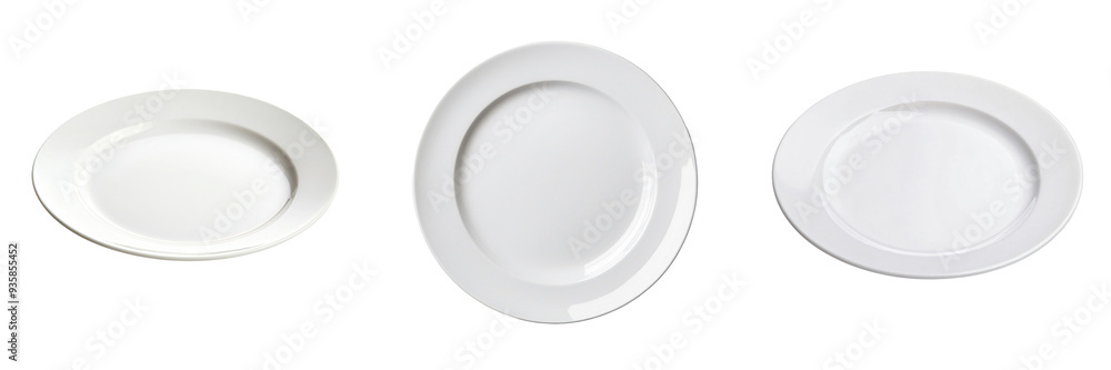 A simple white ceramic plate with a slightly reflective surface focusing on the clean smooth contours isolated on white and transparent background A simple white ceramic plate with a slightly reflective surface focusing on the clean smooth contours isolated on white and transparent background