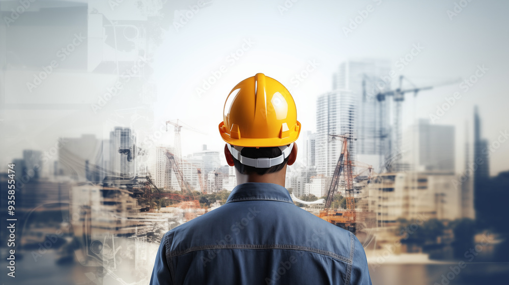 An engineer standing back and looking at a graphic illustration of his project. An engineer standing back and looking at a graphic illustration of his project.