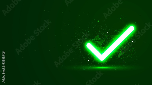 Green glowing check mark with plexus lines and glitter particles. Tick symbol in the neon light style. 3D abstract low poly copy space in the dark background