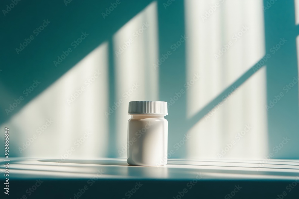 White pill bottle on a table illuminated by soft, natural light. White pill bottle on a table illuminated by soft, natural light.