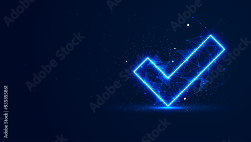Futuristic glowing check mark with plexus lines and glitter particles. Tick symbol in the blue neon light style. 3D abstract low poly copy space in the dark background