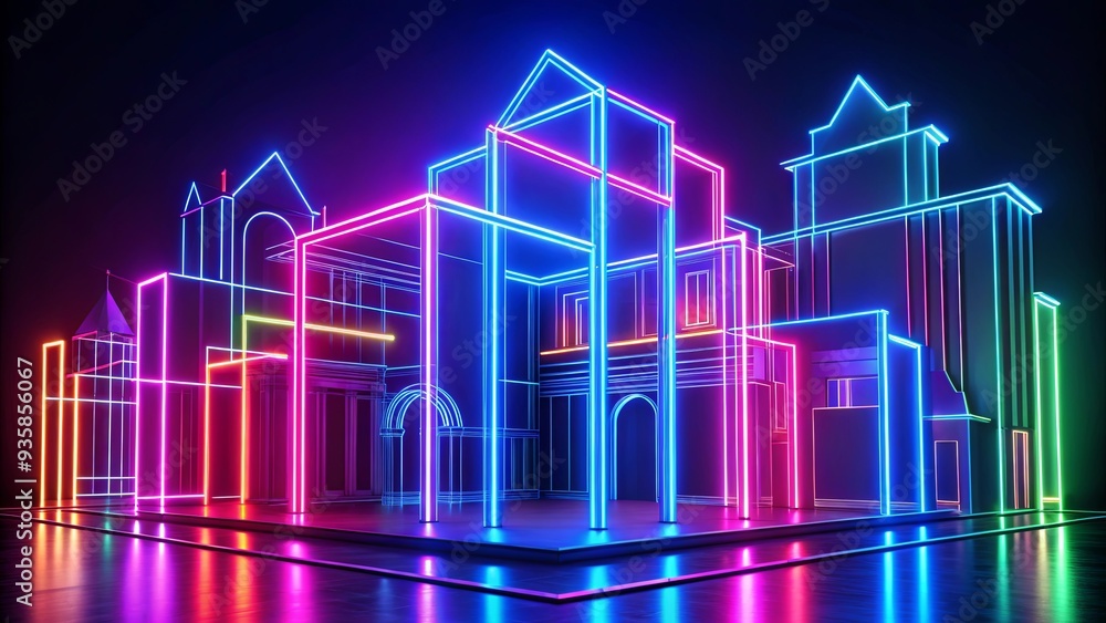 Naklejka premium Vibrant neon outlines accentuating architectural features