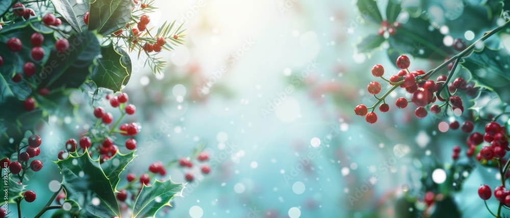 Fototapeta premium Merry Christmas holiday celebration greeting card - close up of red bauble ornament and holly ( ilex ) leaves with red berries, blue sky with snowflakes in background..