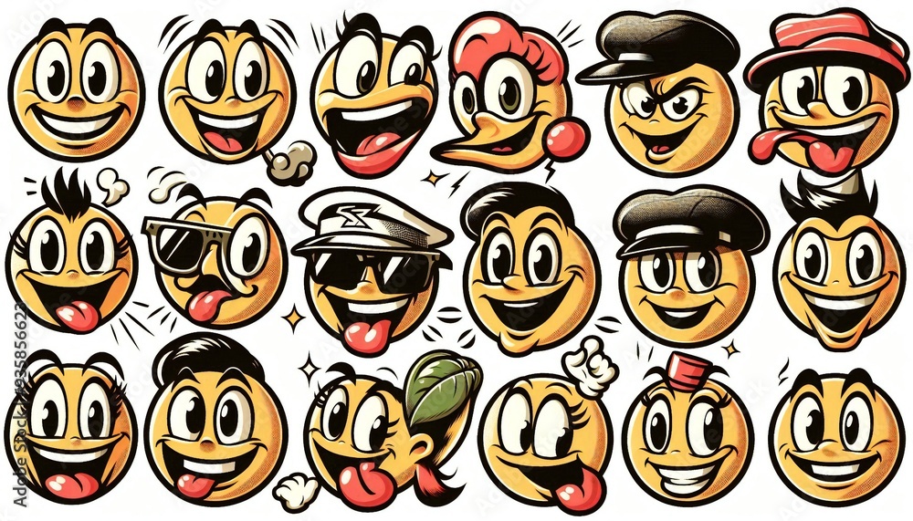 Retro 30s cartoon mascot characters funny faces. 50s, 60s old animation eyes and mouths elements. Vintage comic smile for logo set. Smiley caricatures with happy and cheerful emotions Retro 30s cartoon mascot characters funny faces. 50s, 60s old animation eyes and mouths elements. Vintage comic smile for logo set. Smiley caricatures with happy and cheerful emotions