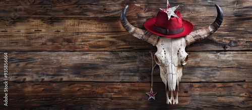 Buffalo skull adorned with a hanging paper red hat featuring stars on its long horns Country style with a rugged wooden texture background providing space for text. Copy space image